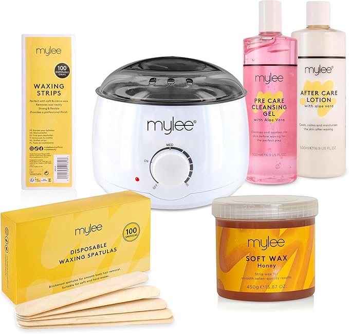 Mylee Complete Waxing Kit, Includes Salon Quality Wax Heater, Soft Cream Wax, Waxing Strips, Spatulas and Mylee Pre & After Care Lotion (Honey)