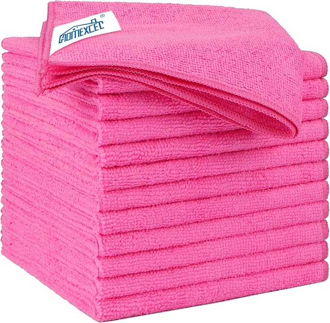 HOMEXCEL Microfibre Cloth 12 Pack,30 x 30 cm Cleaning Cloths，Ultra Absorbent Car Washing Cloth Lint Free Streak Free Cleaning Towels Rags for Car Kitchen Window,Pink