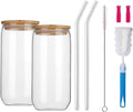 Drinking Glasses with Wooden Lid and Glass Straw 2 PCS 500ml/17oz Iced Coffee Cup Transparent Can Glass Cups with Silicone Suction Nozzle, for Milk Coffee Ice Water