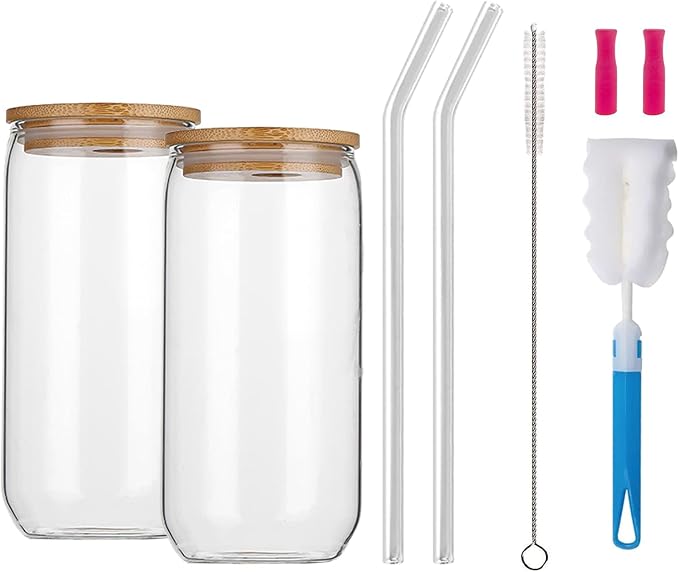 Drinking Glasses with Wooden Lid and Glass Straw 2 PCS 500ml/17oz Iced Coffee Cup Transparent Can Glass Cups with Silicone Suction Nozzle, for Milk Coffee Ice Water