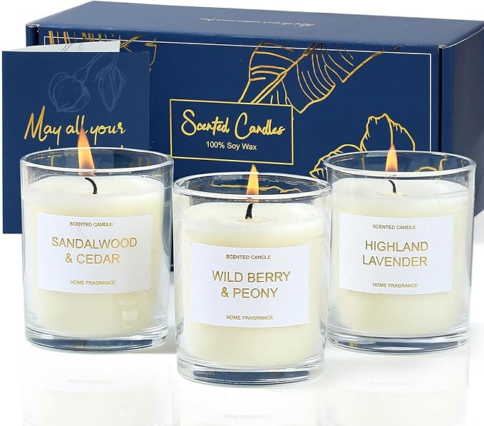 Scented Candles Gift Set, Lavender, Peony & Wild Berries, Sandalwood Soy Wax Candles, 3 x 3.5oz 75 Hours Burn Time, Elegant Gift for Women and Men, Mum, Mother's Day, Birthday[Energy Class A+++]
