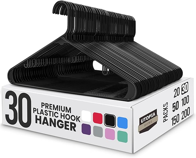 Utopia Home 30-Pack Premium Plastic Clothes Hangers with Built-In Hooks – Durable Heavy-Duty Slim Space-Saving Black Hanger Set for Shirts, Coats, Blouses, Skirts