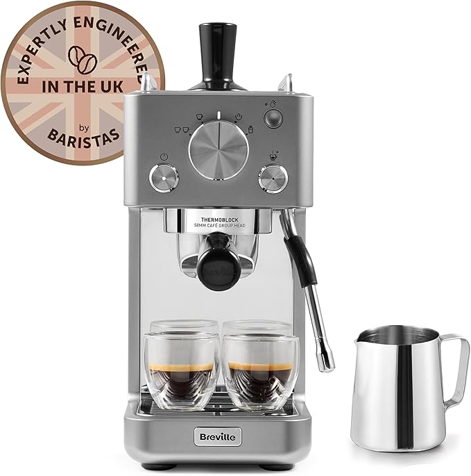 Breville Barista Slimline Espresso Machine | Integrated Milk Frother | Compact Coffee Maker for CappuccinosLattes & More | 15 Bar Pump | Silver [VCF185]