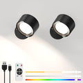 LED Wall Reading Lights with Remote, 2 Pcs Rechargeable RGB Wall Mounted Reading Sconces Lamp 3000mAh, 3 Colors & Dimmable Magnetic 360° Rotation Wall Lighting Spotlights for Bedroom Bedside[Energy Class G]