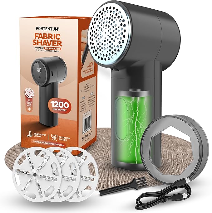 PORTENTUM Lint Remover – Electric Fabric Shaver – LED Display, 3 Speeds up to 9,000 RPM, 6-Blade Head, Up to 2h Runtime, USB-C Rechargeable, Compact and Powerful for Garments & Home Fabrics