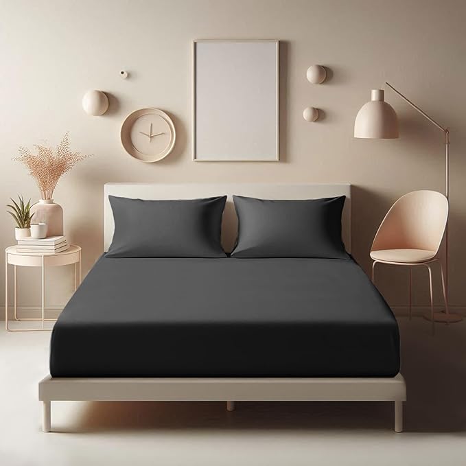 Aspire Homeware Double Fitted Sheet - 25 cm Deep Hotel Quality (Black) Bed Sheets - Soft & Breathable Fitted Bed Sheets Double - Anti-Wrinkle Easy Care Fitted Sheets