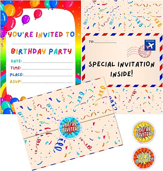 Party Invites Kids Party Invitations Pack of 36 Birthday Party Invitations Childrens Birthday Party Boys Girls Kids Invites with Folding Envelope Design and Holographic Stickers (Rainbow)