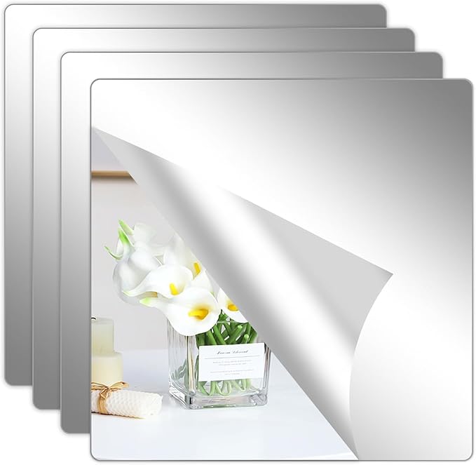 Hode 4 Pieces Self Adhesive Mirror Tiles 20x20cm (2mm Thick), Acrylic Stick on Mirror Stickers, Flexible Tiles for Wall, Bathroom, Bedroom