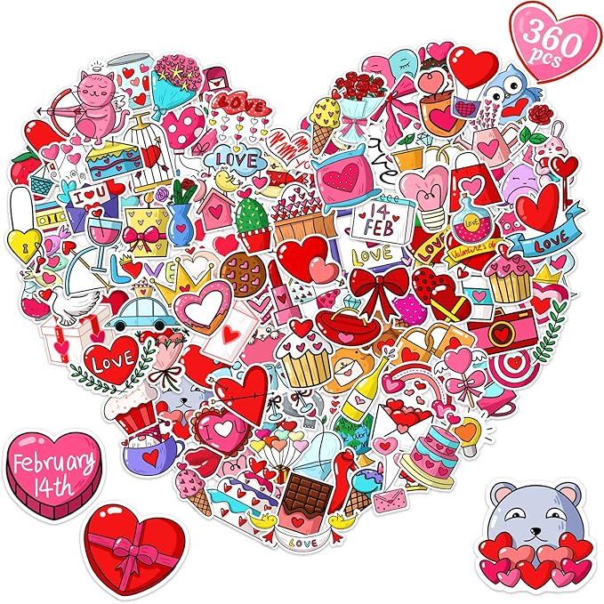 120Pcs 120 Styles Valentine’s Day Stickers, Heart Rose Chocolate Love Stickers for Laptops Water Bottles Skateboards DIY Crafts Gift Wrapping Perfect for Classroom Kids Teens and Family Gifts