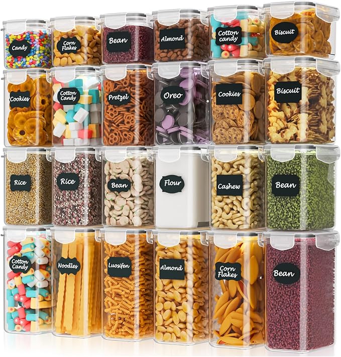 24 Pack Airtight Kitchen Food Containers – BPA-Free Cereal Storage Containers & Food Storage Containers for Flour, Sugar & Baking Supplies, with 24 Labels & Marker (33.6L)