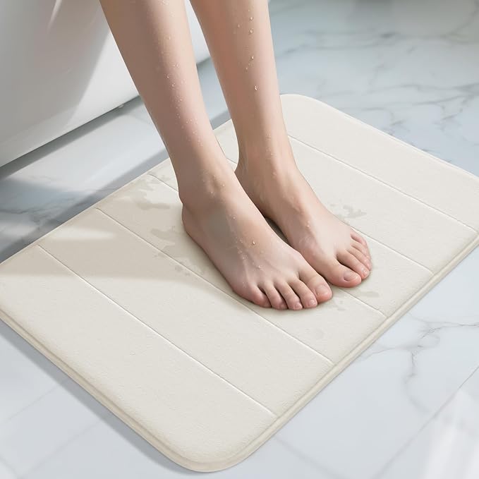 Yimobra Memory Foam Bath Mat, 43 x 61 cm, Soft and Comfortable, Super Water Absorption, Non-Slip, Thick, Machine Wash, Easier to Dry for Bathroom Floor Rug, Cream