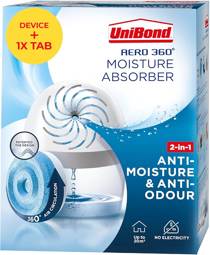 UniBond AERO 360º Moisture Absorber, 1 Device incl. 1 Refill Tab 450g, Ultra-Absorbent Dehumidifier, Helps Prevent Condensation, Recyclable, Refillable Condensation Absorber, Original Scent