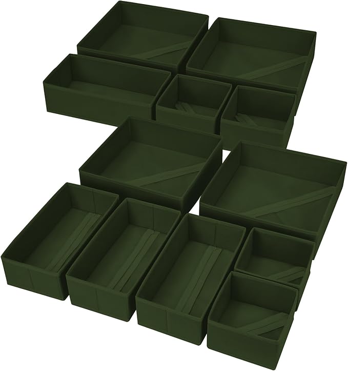 Foldable Drawer Organiser Clothes - 12 Pack Underwear Drawer Dividers with Zipper, Fabric Storage Box Organizer for Socks, Bra, Nursery - Green