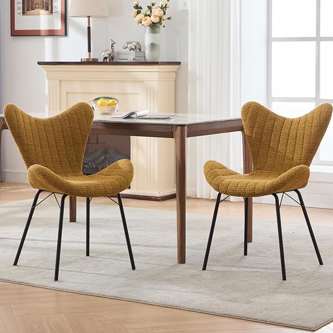Mid-Century Dining Chairs Set of 2 Wing Back Upholstered Modern Armless Side Chairs with Metal Legs for Kitchen/Dining Room, Yellow