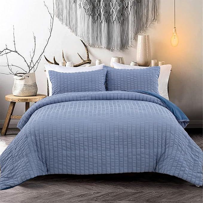 Blue Classic Seersucker Duvet Cover Pinch Pleat Bedding Set Puckering and Crimping Duvet Cover Set,Soft Microfibre,King Size 220×230cm