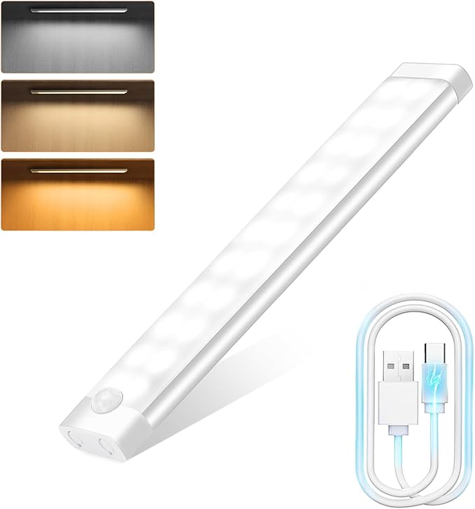 Motion Sensor Lights - 20cm Under Cabinet Kitchen Lights, 3 Color Rechargeable Night Light, Auto On/Off Dimming Wardrobe Lights for Stairs, Under Cabinet, Closet, Room, Wardrobe, 1 Pack