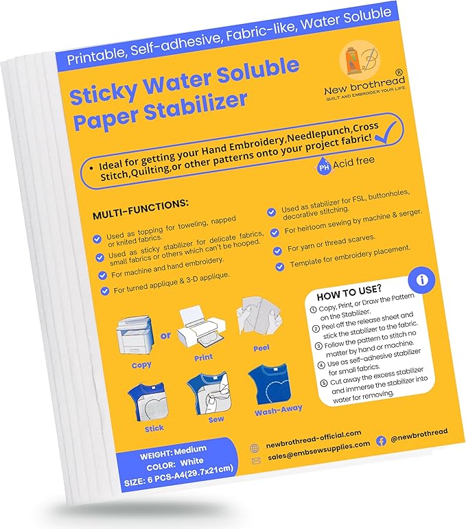 New brothread 6PCS A4 (29.7x21cm) Sticky Water Soluble Embroidery Stabilizer Printable Embroidery Paper - Medium Weight - Allowed for Print or Draw Patterns Best for Hand & Machine Embroidery