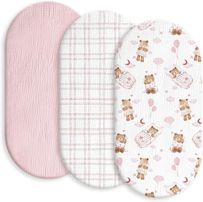 Baby Mattress Cover, Fitted Sheet, Pack of 3, 100% Muslin Cotton,Oeko-Tex 100,Muslin Bassinet Sheets,Bassinet Cover,Pram Mattress Cover,83 x 43 x 12 cm,Fitted Sheet for Prams(Bear's Dreamland)