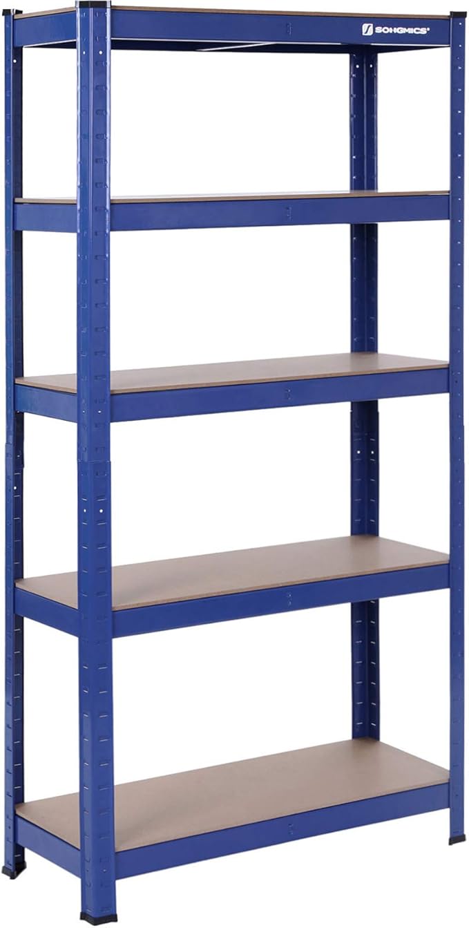 SONGMICS 5-Tier Shelving Units, Set of 2 Steel Shelving Units for Storage, Tool-Free Assembly, for Garage, Shed, Load Capacity 650 kg, 30 x 75 x 150 cm, Blue GLR60Q