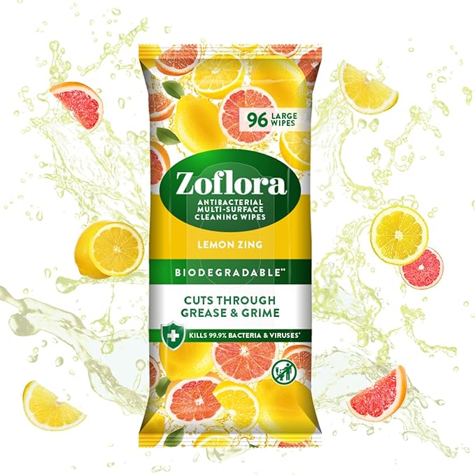 Zoflora Lemon Zing Antibacterial Biodegradable Wipes, 1 x 96 Wipes, Multi-Surface Cleaning Wipes, Kills 99.9% of Bacteria & Viruses, Citrus Fresh Scent