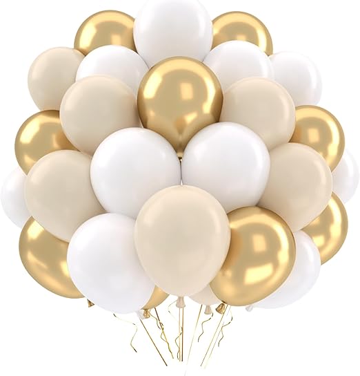 QIFU White and Gold Balloons, 52pcs 12 Inch White Gold and Beige Balloons, Neutral Balloon with Ribbon Hellium Balloon for Birthday Decoration Boho Wedding Baby Shower Engagement Anniversary