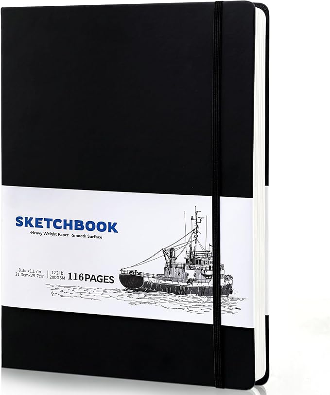 A4 Sketchbook 58 Sheets, Sketchbook with 200GSM Thick Paper - Black Hardback Art Drawing Pad for Sketching, 21 x 29.7 cm, 116 Pages