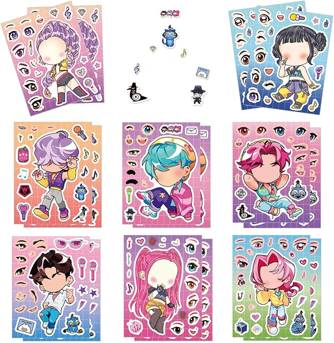 Make a Face Kpop Stickers, 16 Sheets Dress Me Up Korean Pop Music Stickers for Girls Kids, Make Your Own Mix and Match Sticker Sheets Art Craft Kit Toys Decals