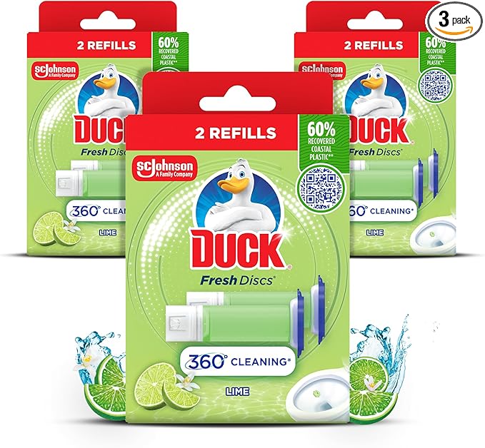 Duck Fresh Discs Toilet Cleaner Refill Twin Pack, Fights Stains That Harbour Germs, Prevents Limescale Build Up, Lime, Pack of 3 (Total of 6 Refill Tubes)