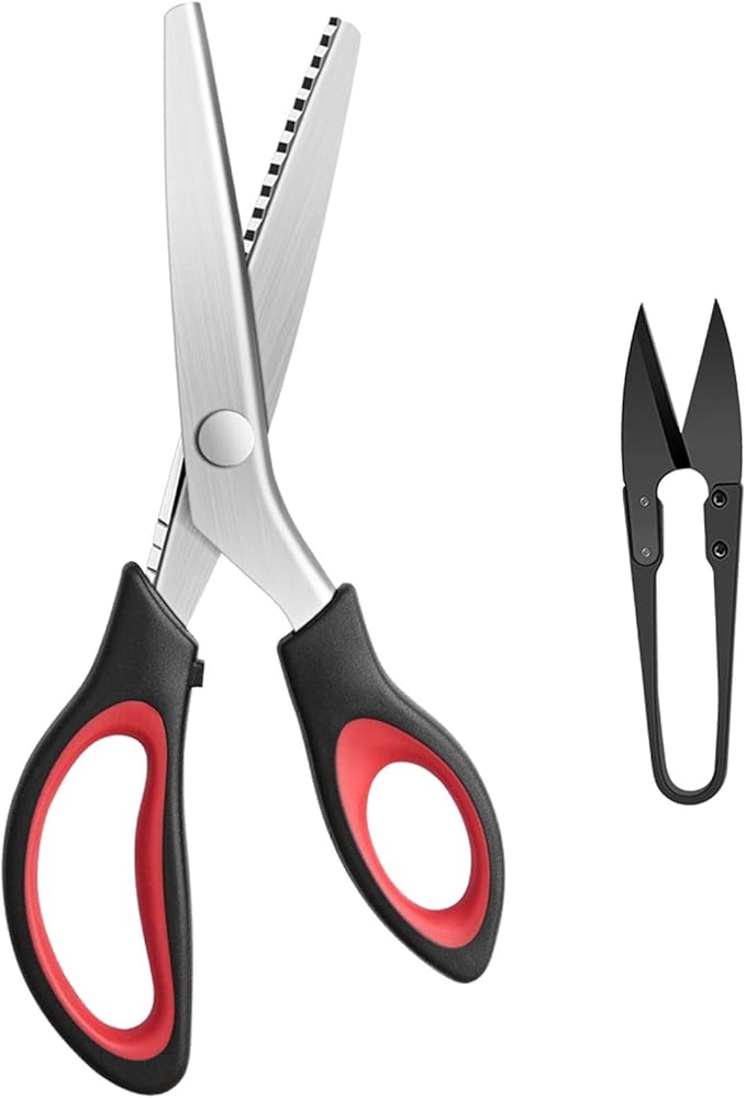 Pinking Shears Serrated, Comfort Grips Handled, Professional Dressmaking Sewing Craft, Zig Zag Cut Scissors, 9 Inch, Black Red