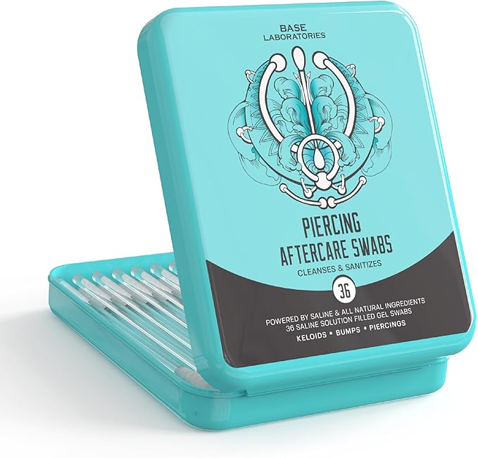"BASE LABORATORIES Base Labs Piercing Aftercare Swabs for Piercing Bump Treatment Earring Cleaner for Pierced Ears, Nose Piercing Aftercare Keloid Bump Removal 36 Saline Cleaning Solution Buds"