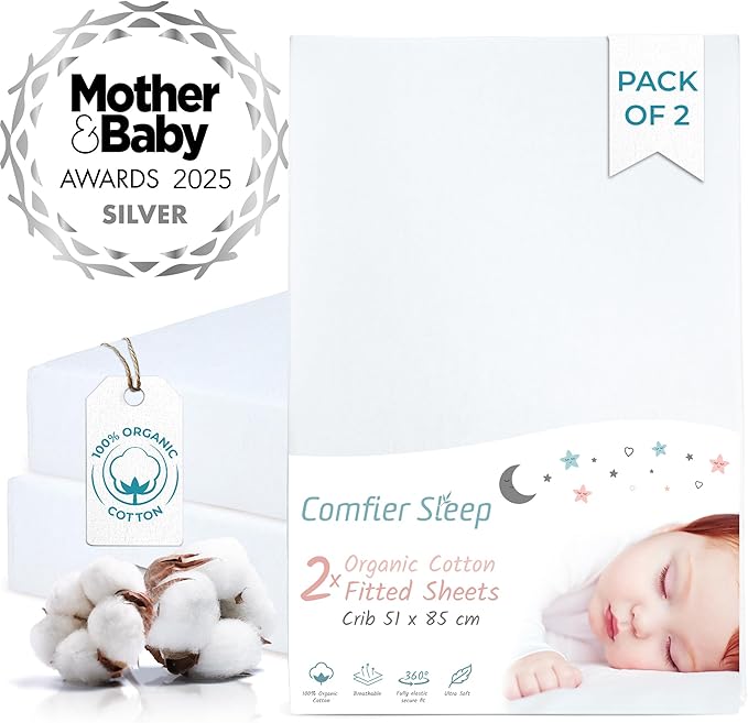 Next To Me Crib Sheets 51x85cm – Award-Winning 2 Pack Organic Cotton White Bedside Crib Fitted Sheets – Soft Breathable Tutti Bambini CoZee Fitted Sheets for Daily Use
