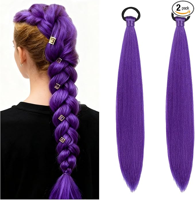 Purple Hair Extensions Cosplay Hair, Purple Braiding Hair, Rumi Hairs Braid, Braiding Hairs Synthetic Fiber, Adjustable Cap for Kids & Adults (2PCS)