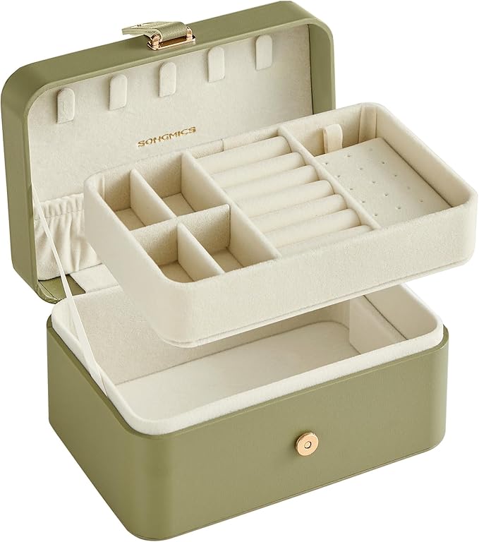 SONGMICS Jewellery Box, 2-Layer Jewellery Storage, 11 x 16 x 8 cm Travel Jewellery Box, Portable Jewellery Case, Small, Spacious, for Larger Accessories, Gift Idea, Laurel Green JBC166C02