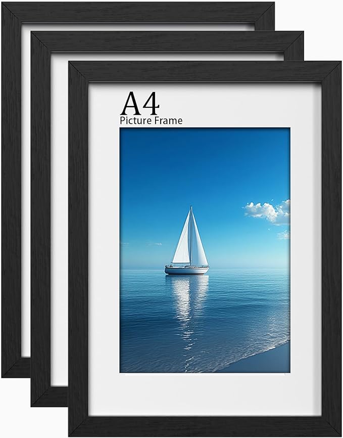 3Pack A4 Picture Frames, Wooden A4 Photo Frame 21 x 29.7cm, Versatile a4 Frame Black, Display, Landscape or Portrait Orientation-with Plexiglass and Stand, Wall-Mount & Desk