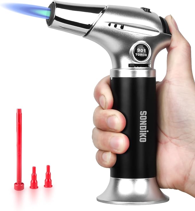Sondiko Kitchen Blow Torch S901, Refillable Kitchen Butane Torch with Safety Lock and Adjustable Flame for DIY, Creme Brulee, BBQ and Baking(Butane Gas Not Included)