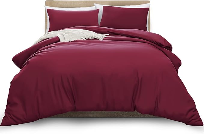 MOONLIGHT20015 Double Duvet Cover Burgundy Solid Soft Double Bedding Duvet Cover Set with 2 Matching Pillowcases