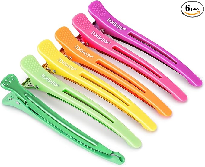 AIMIKE 6 Sectioning Hair Clips,Professional Hair Clips for Styling,Non Slip No-Trace Hairdresser Clips with Silicone Band,Salon and Home Crocodile Clips for Hairdresser, Women,Men- Neon Color 10.9cm