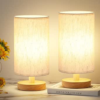 Aooshine Small Table Lamps Set of 2 for Bedroom, Minimalist Bed Lamp with Round Fabric Linen Shade(Bulbs Included)