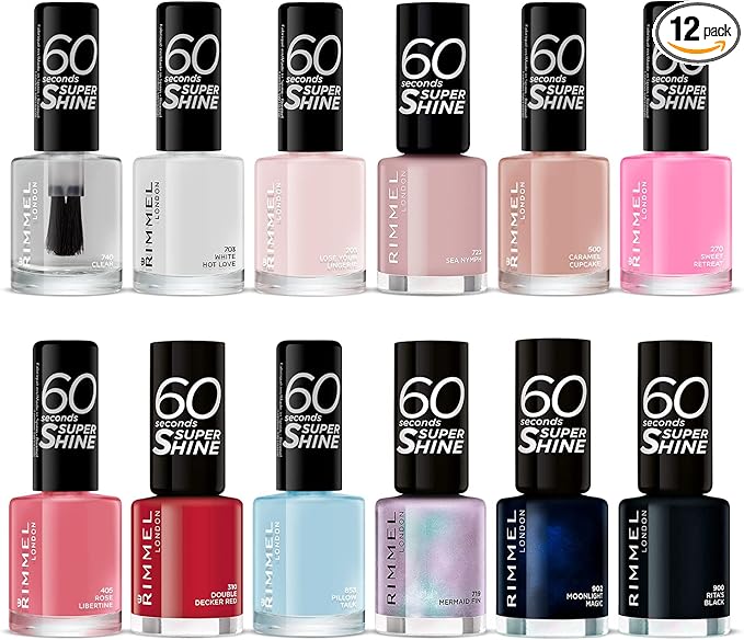 RIMMEL LONDON - 60 Seconds Super Shine Nail Polish Set - Super Glossy, Ultra Shiny Finish - Precise One Stroke Application - Up To 10 Days Wear - High Impact Colour - 12 Assorted Shades