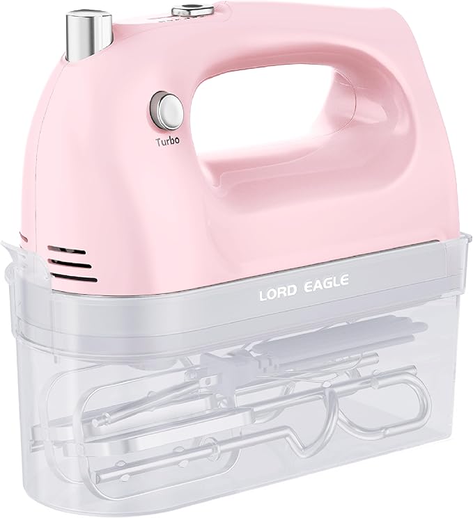 Lord Eagle Hand Mixer Electric Whisk, 400W Power Handheld Mixer for Baking Cake Egg Cream Food Beater, Turbo Boost/Self-Control Speed + 5 Speed + Eject Button + 5 Accessories, Pink