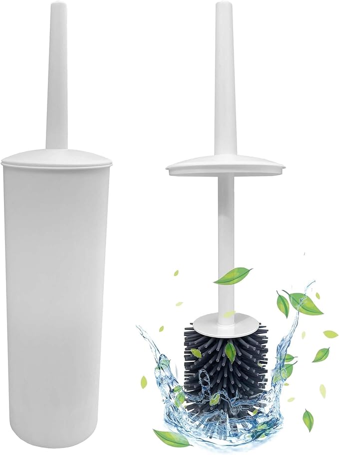 Toilet Brush with Drainage Holder Set,Flex Silicone Anti-Clog Anti-Drip Brush Head, White, 1-Pack