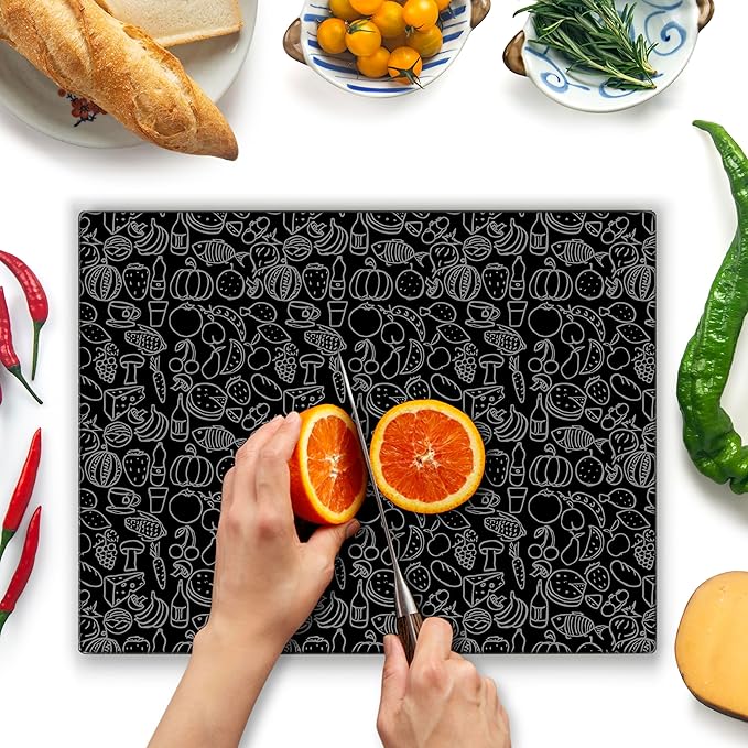 Glass Chopping Board 40x30cm : Tempered Glass Worktop Savers for Kitchens, Durable, Scratch-Resistant, Heat-Proof - Black Design