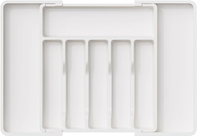 Lifewit Extendable Cutlery Drawer Organiser, Adjustable Cutlery Tray, Plastic Adjustable Kitchen Storage Dividers for Utensil Spoons Forks Knives, 8 Compartments, 33-57 x 38cm, White