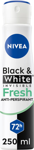 NIVEA Black & White Fresh Anti-Perspirant Spray (250ml), 72hr Anti-Sweat Women's Deodorant Spray, No Stains on Black and White Clothes