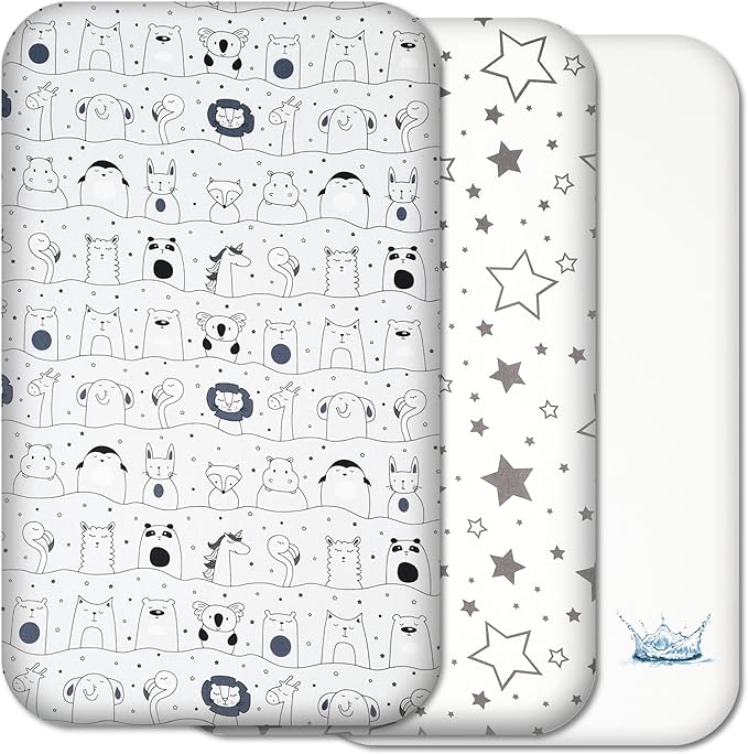 Next to Me Crib Sheets - 3pc Crib Fitted Sheet Set - 2 Fitted Cotton Sheets and 1 Waterproof Mattress Protector for Bedside Cribs - 100% Organic Cotton - Made in Europe (Grey Animals&Stars, 83x50cm)