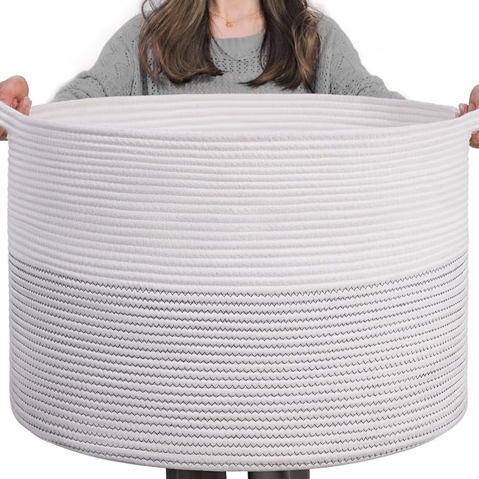 XXXLarge Storage Basket, Woven Laundry Hamper, Cotton Rope Basket, Blanket Baskets with Handle for Living Room Bedroom Storage Comforter Cushions Thread Toy Baskets, 55x35cm