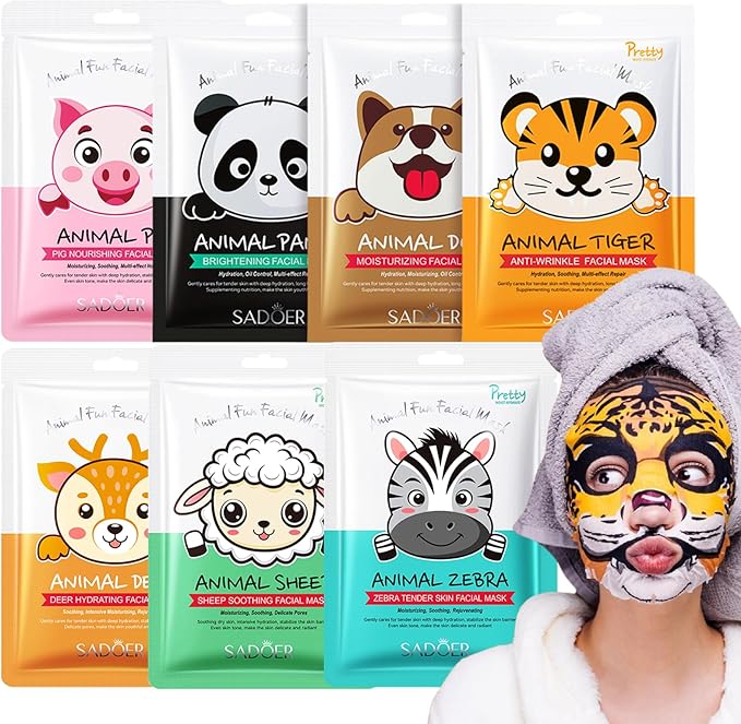 Face Masks Skincare- 7 Sheet Animals Face Mask Moisturizing And Smoothing Face Mask Gift Set Improve Dullness & Brighten- Face Masks Gifts For Kids Teenage Girls (7pcs)