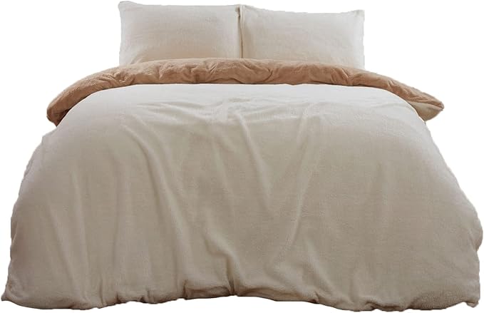 Brentfords Reversible Teddy Fleece Duvet Cover with Pillow Case Supersoft Fluffy Thermal Warm Soft Bear Bedding Set, Mink Latte Cream - Double
