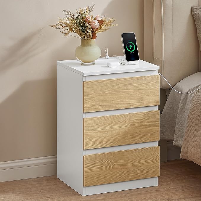 VASAGLE KAILYN Collection - Bedside Table with Power Strip, Side End Table with Drawers, 2 AC Outlets, 2 USB Ports, for Living Room, Bedroom, Study, Cloud White and Almond Yellow LET631Y02