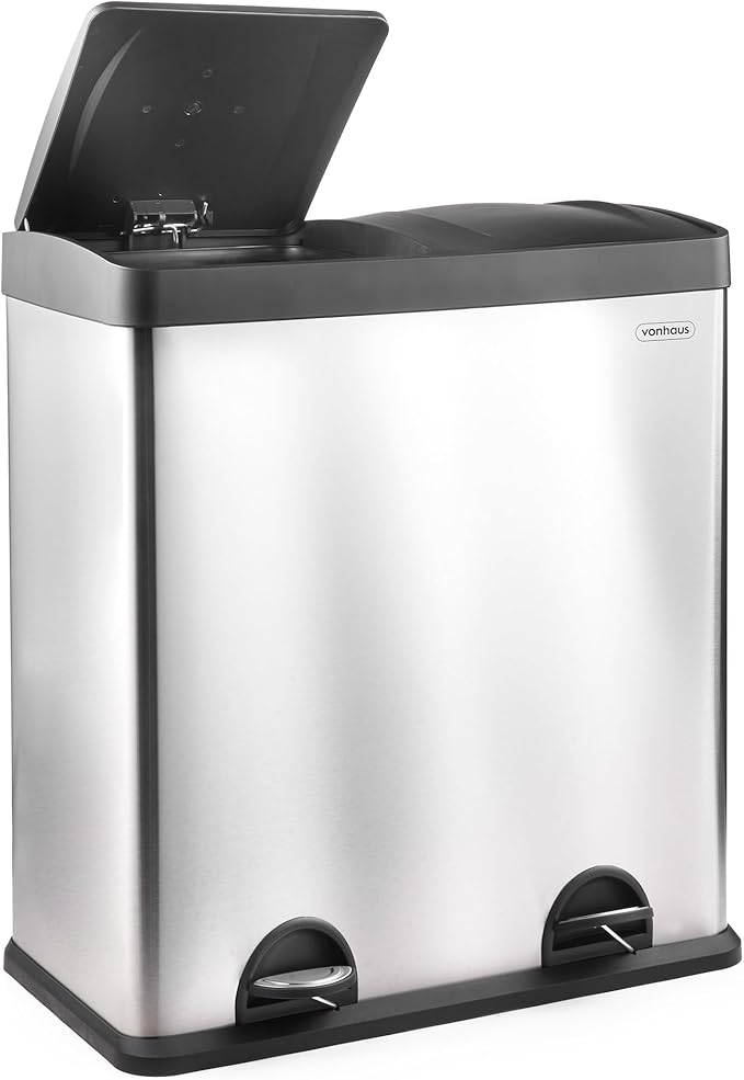 VonHaus Kitchen Bin, 60L Double Recycling Bin for Kitchen, Stainless Steel Two Section Food Waste Separation System with Non-Slip Base & Removable Inner-Compartments 2 x 30L